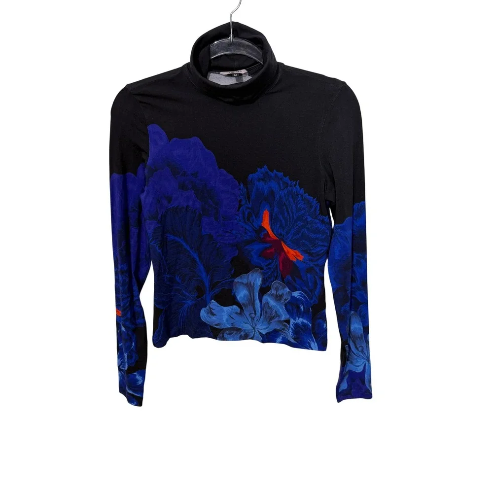 THE KIT. Turtleneck Top Womens Medium Black Indigo Iris Floral Bamboo Cotton NWT